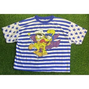 Vintage Flirts Garfield Odie Shirt Sz L Allover Print Sailor Boating USA Stripes